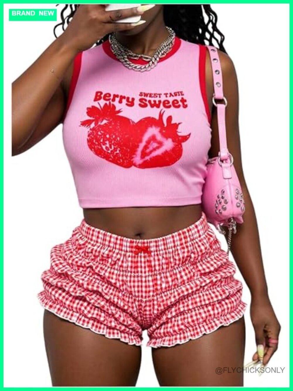 Y2K 2 Piece Outfit: Graphic Crop Tank & Plaid Ruffle Shorts Set